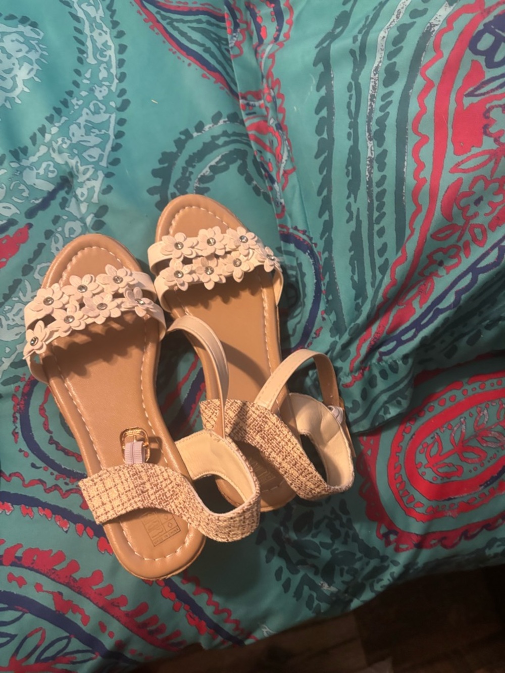 Women's Beige Floral Strap Sandals with Elastic Back